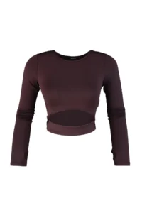 TRENDYOLMİLLA Dark Brown Crop Window/Cut Out and Thumb Hole Detailed Knitting Sports Top/Blouse - Image 6