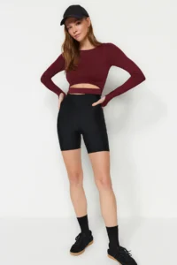 TRENDYOLMİLLA Burgundy Crop Window/Cut Out and Thumb Hole Detailed Knitting Sports Top/Blouse - Image 2
