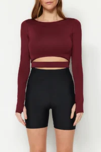 TRENDYOLMİLLA Burgundy Crop Window/Cut Out and Thumb Hole Detailed Knitting Sports Top/Blouse - Image 4