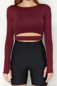 TRENDYOLMİLLA Burgundy Crop Window/Cut Out and Thumb Hole Detailed Knitting Sports Top/Blouse - Image 6