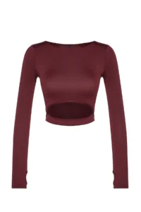 TRENDYOLMİLLA Burgundy Crop Window/Cut Out and Thumb Hole Detailed Knitting Sports Top/Blouse - Image 7