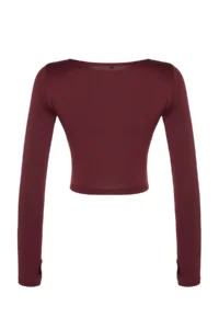 TRENDYOLMİLLA Burgundy Crop Window/Cut Out and Thumb Hole Detailed Knitting Sports Top/Blouse - Image 8