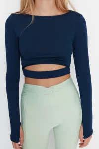 TRENDYOLMİLLA Dark Navy Crop Window/Cut Out and Thumb Hole Detailed Knitting Sports Top/Blouse - Image 3