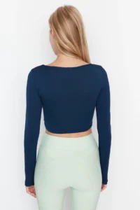 TRENDYOLMİLLA Dark Navy Crop Window/Cut Out and Thumb Hole Detailed Knitting Sports Top/Blouse - Image 5