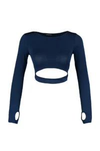 TRENDYOLMİLLA Dark Navy Crop Window/Cut Out and Thumb Hole Detailed Knitting Sports Top/Blouse - Image 6