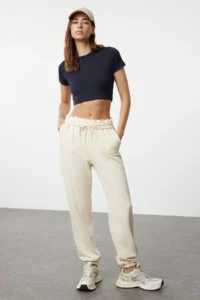 TRENDYOLMİLLA Dark Navy Crop Lightly Supported Soft textured Crew Neck Knitting Sports Top/Blouse - Image 2