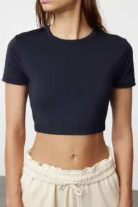 TRENDYOLMİLLA Dark Navy Crop Lightly Supported Soft textured Crew Neck Knitting Sports Top/Blouse - Image 4