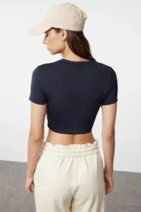 TRENDYOLMİLLA Dark Navy Crop Lightly Supported Soft textured Crew Neck Knitting Sports Top/Blouse - Image 5