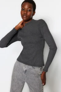 TRENDYOLMİLLA Dark Anthracite Fitted Dog collar Long Sleeve Ribbed Flexible Knitting Blouse - Image 3