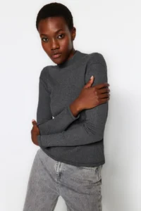 TRENDYOLMİLLA Dark Anthracite Fitted Dog collar Long Sleeve Ribbed Flexible Knitting Blouse - Image 5