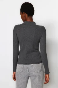 TRENDYOLMİLLA Dark Anthracite Fitted Dog collar Long Sleeve Ribbed Flexible Knitting Blouse - Image 7