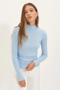 TRENDYOLMİLLA Mavi Fitted Dog collar Long Sleeve Ribbed Flexible Knitting Blouse - Image 2