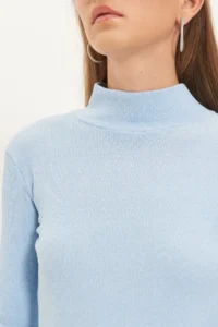 TRENDYOLMİLLA Mavi Fitted Dog collar Long Sleeve Ribbed Flexible Knitting Blouse - Image 5