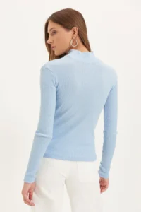 TRENDYOLMİLLA Mavi Fitted Dog collar Long Sleeve Ribbed Flexible Knitting Blouse - Image 6
