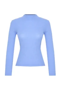 TRENDYOLMİLLA Mavi Fitted Dog collar Long Sleeve Ribbed Flexible Knitting Blouse - Image 7