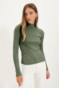 TRENDYOLMİLLA Khaki Fitted Dog collar Long Sleeve Ribbed Flexible Knitting Blouse - Image 2