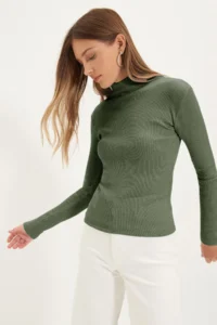 TRENDYOLMİLLA Khaki Fitted Dog collar Long Sleeve Ribbed Flexible Knitting Blouse - Image 3
