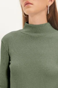 TRENDYOLMİLLA Khaki Fitted Dog collar Long Sleeve Ribbed Flexible Knitting Blouse - Image 4