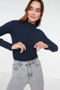 TRENDYOLMİLLA Navy Blue Fitted Dog collar Long Sleeve Ribbed Flexible Knitting Blouse - Image 3