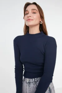 TRENDYOLMİLLA Navy Blue Fitted Dog collar Long Sleeve Ribbed Flexible Knitting Blouse - Image 4