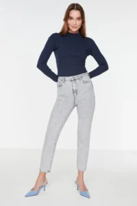 TRENDYOLMİLLA Navy Blue Fitted Dog collar Long Sleeve Ribbed Flexible Knitting Blouse - Image 5