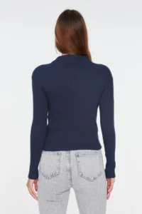 TRENDYOLMİLLA Navy Blue Fitted Dog collar Long Sleeve Ribbed Flexible Knitting Blouse - Image 7