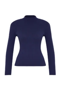 TRENDYOLMİLLA Navy Blue Fitted Dog collar Long Sleeve Ribbed Flexible Knitting Blouse - Image 8