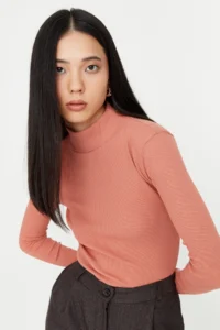 TRENDYOLMİLLA Dusty Rose Fitted Dog collar Long Sleeve Ribbed Flexible Knitting Blouse - Image 10