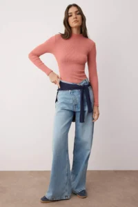TRENDYOLMİLLA Dusty Rose Fitted Dog collar Long Sleeve Ribbed Flexible Knitting Blouse - Image 2