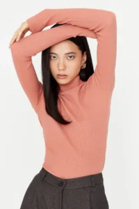 TRENDYOLMİLLA Dusty Rose Fitted Dog collar Long Sleeve Ribbed Flexible Knitting Blouse - Image 6