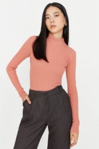 TRENDYOLMİLLA Dusty Rose Fitted Dog collar Long Sleeve Ribbed Flexible Knitting Blouse - Image 9