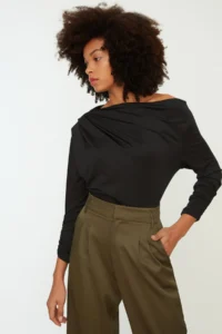 TRENDYOLMİLLA Black Asymmetric Collar Flowy Flexible Knitting Blouse - Image 2