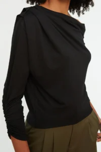 TRENDYOLMİLLA Black Asymmetric Collar Flowy Flexible Knitting Blouse - Image 5