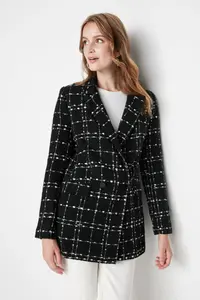 TRENDYOLMİLLA Black Tweed Regular Weaving Plaid Blazer Jacket - Image 2