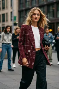 TRENDYOLMİLLA Burgundy Oversized Weaving Plaid Blazer Jacket - Image 2