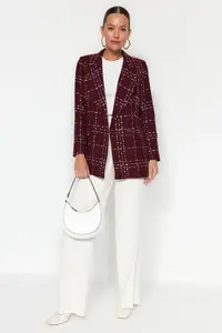 TRENDYOLMİLLA Burgundy Oversized Weaving Plaid Blazer Jacket - Image 3