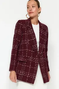 TRENDYOLMİLLA Burgundy Oversized Weaving Plaid Blazer Jacket - Image 4