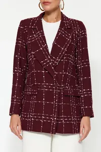 TRENDYOLMİLLA Burgundy Oversized Weaving Plaid Blazer Jacket - Image 5