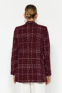 TRENDYOLMİLLA Burgundy Oversized Weaving Plaid Blazer Jacket - Image 6