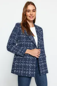 TRENDYOLMİLLA Navy Blue Tweed Regular Weaving Plaid Blazer Jacket - Image 2