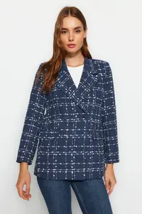 TRENDYOLMİLLA Navy Blue Tweed Regular Weaving Plaid Blazer Jacket - Image 3