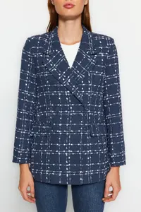 TRENDYOLMİLLA Navy Blue Tweed Regular Weaving Plaid Blazer Jacket - Image 4