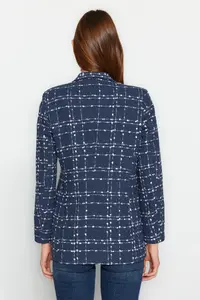 TRENDYOLMİLLA Navy Blue Tweed Regular Weaving Plaid Blazer Jacket - Image 5