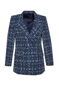 TRENDYOLMİLLA Navy Blue Tweed Regular Weaving Plaid Blazer Jacket - Image 6