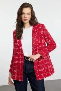 TRENDYOLMİLLA Red Oversized Weaving Plaid Blazer Jacket