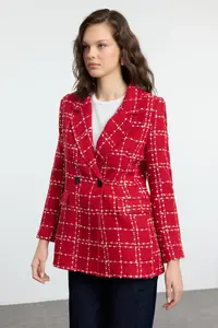 TRENDYOLMİLLA Red Oversized Weaving Plaid Blazer Jacket - Image 2