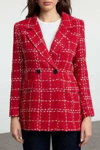 TRENDYOLMİLLA Red Oversized Weaving Plaid Blazer Jacket - Image 3