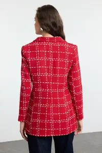 TRENDYOLMİLLA Red Oversized Weaving Plaid Blazer Jacket - Image 5