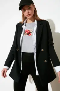TRENDYOLMİLLA Black Oversized Lined Double breasted Kapama Weaving Blazer Jacket - Image 2