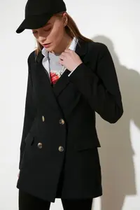 TRENDYOLMİLLA Black Oversized Lined Double breasted Kapama Weaving Blazer Jacket - Image 3